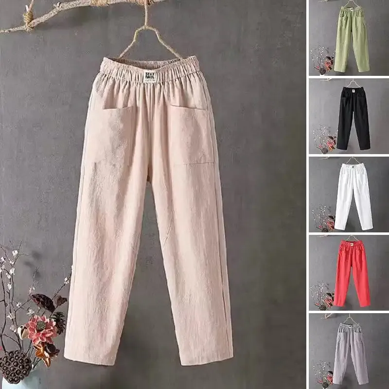 Loose casual cotton and linen trousers with elastic waistband