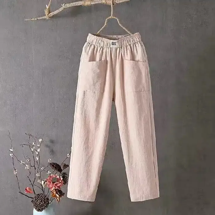 Loose casual cotton and linen trousers with elastic waistband