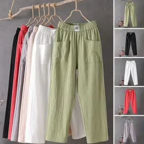 Loose casual cotton and linen trousers with elastic waistband