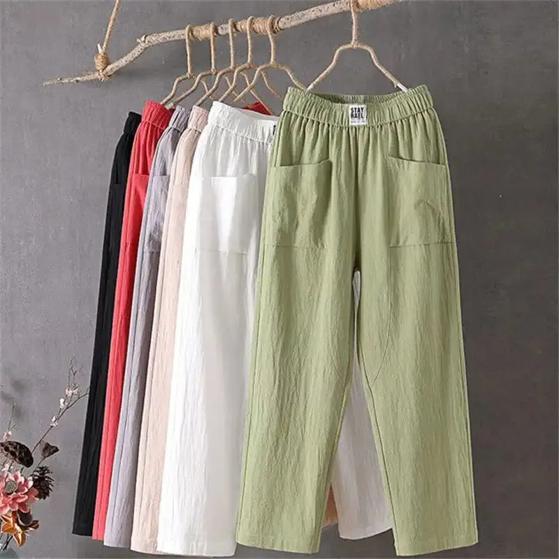 Loose casual cotton and linen trousers with elastic waistband