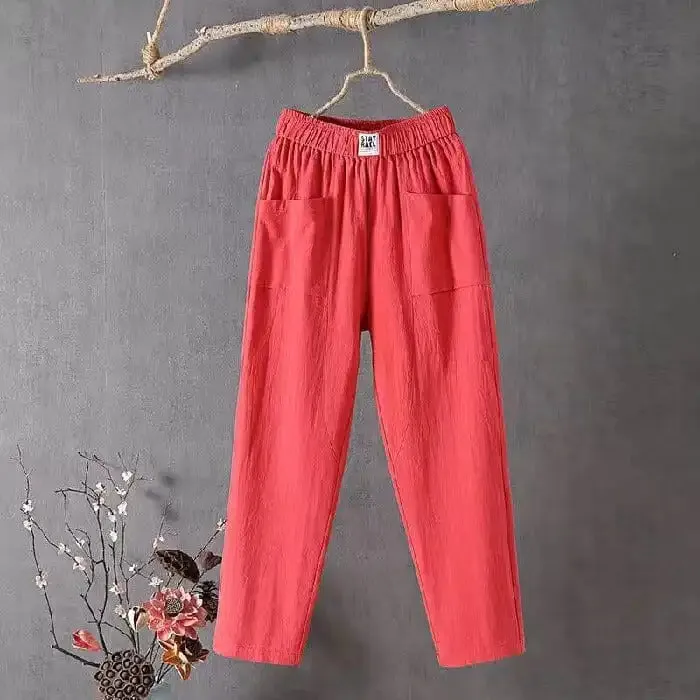 Loose casual cotton and linen trousers with elastic waistband