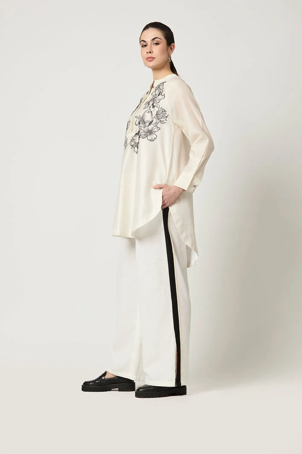 Luna Embroidered Tunic With Striped Slit Trousers  (Set)