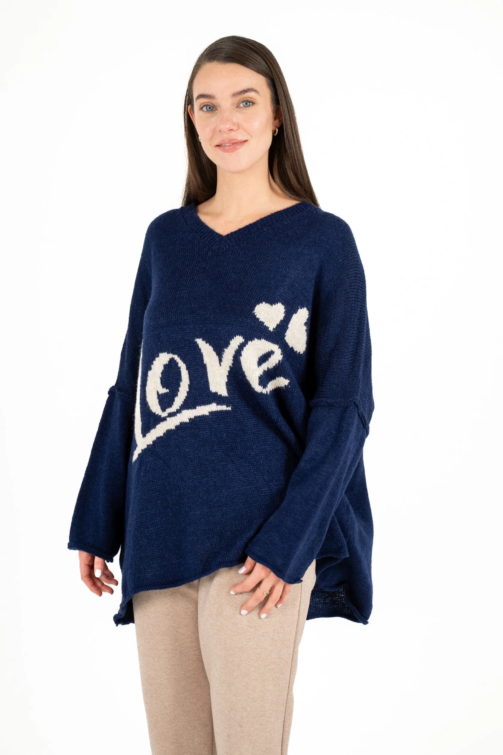 M Made in Italy – Love Oversized V-Neck Tunic Sweater With Dropped Shoulder