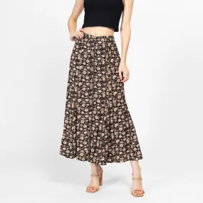 Med-Lrg 90s Black & Pink Floral Trumpet Hem Maxi Skirt