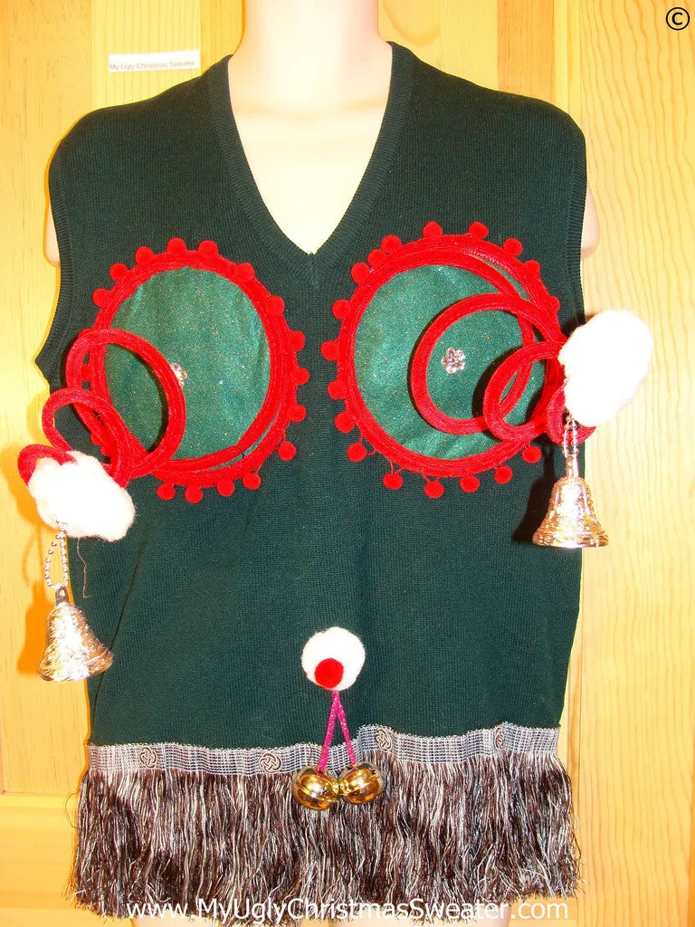 Mens Naughty Tacky Ugly Christmas Sweater Vest with Funny Springy 3D Accents and Fringe and Jingle Bells Balls (r27)