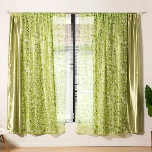 Modern drape tulle,  Double layer window curtains set of 2 Pieces, Green color