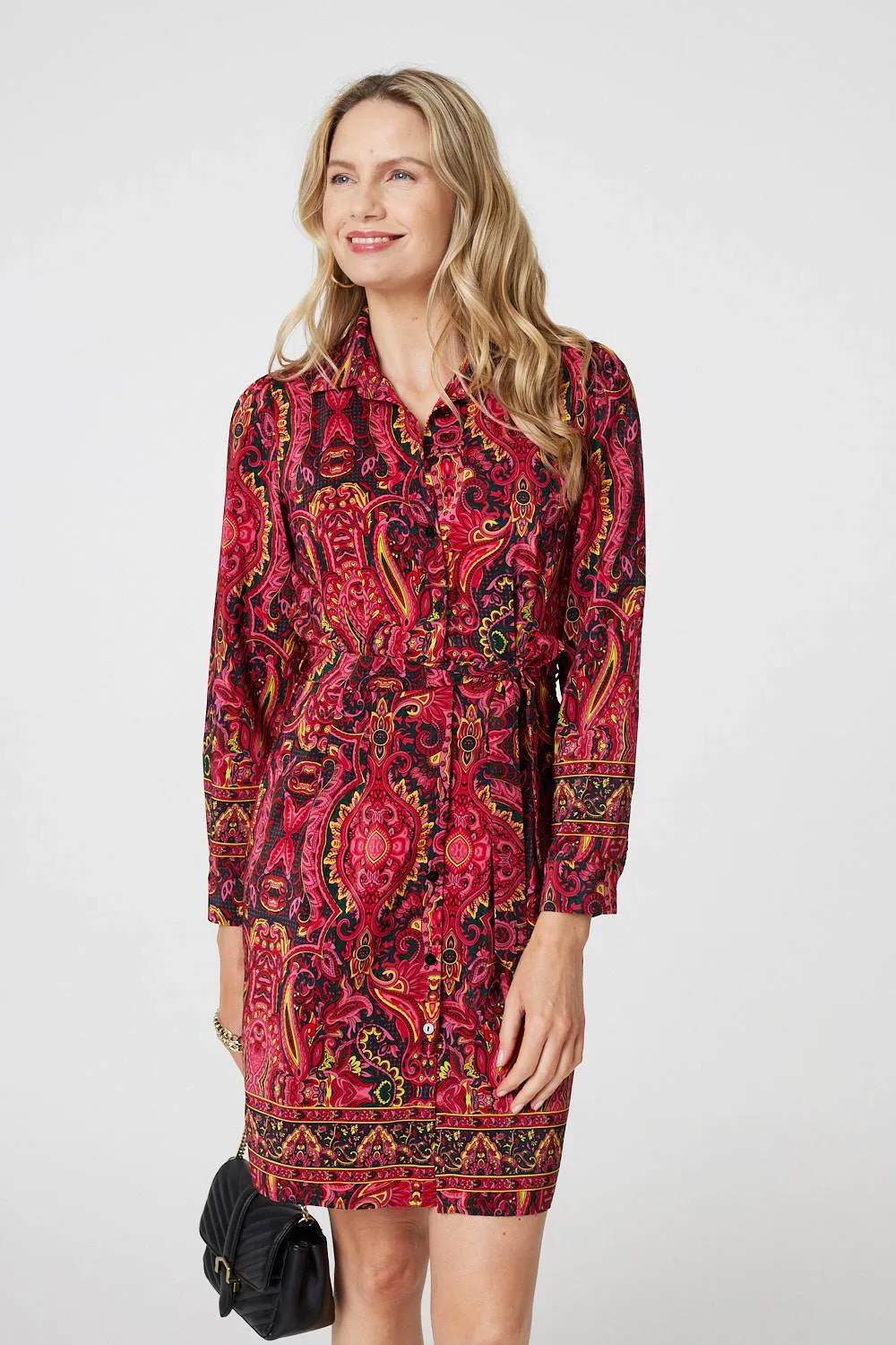 Mosaic Print Long Sleeve Short Shirt Dress