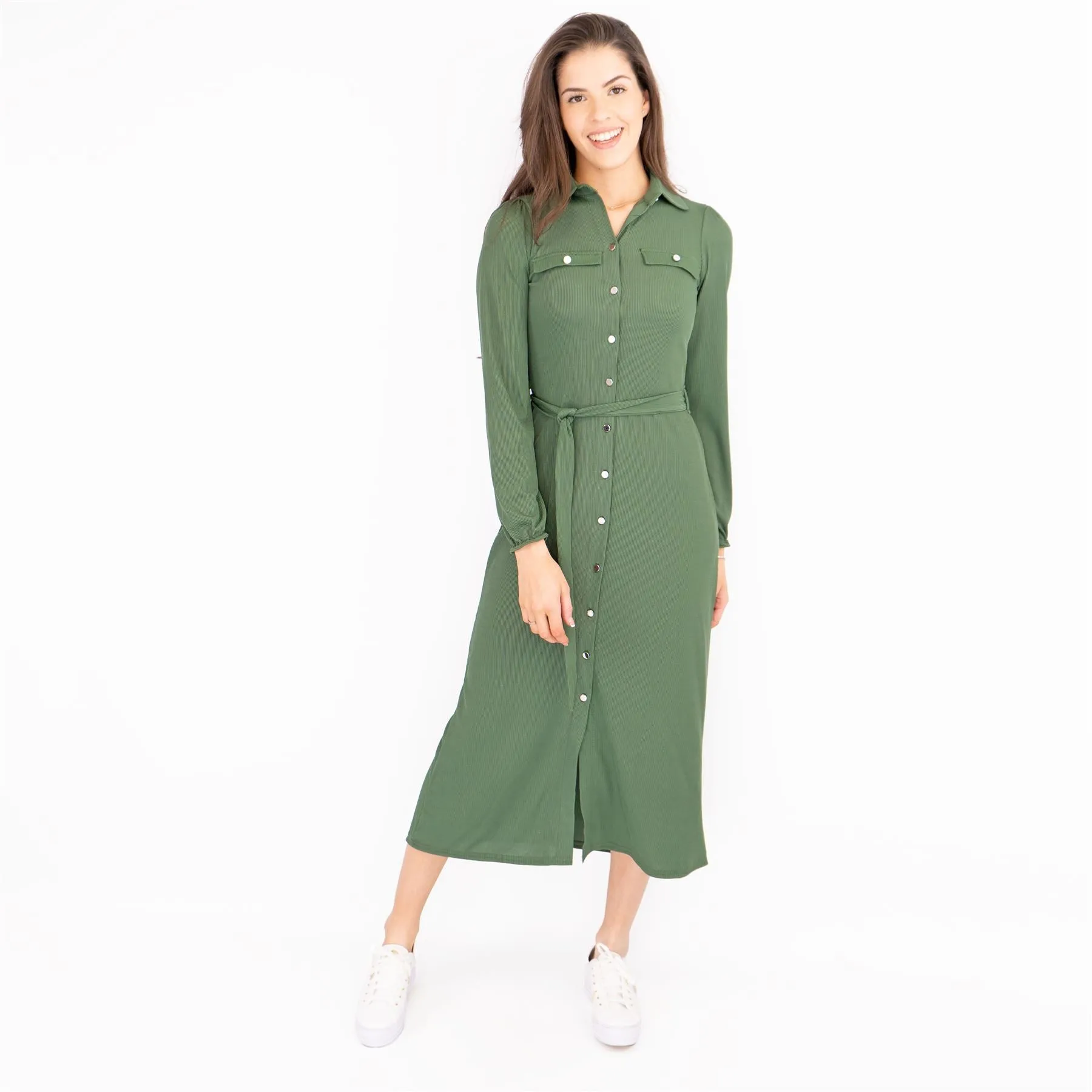 Oasis Ribbed Lightweight Long Sleeve Midi Length Green Shirt Dress