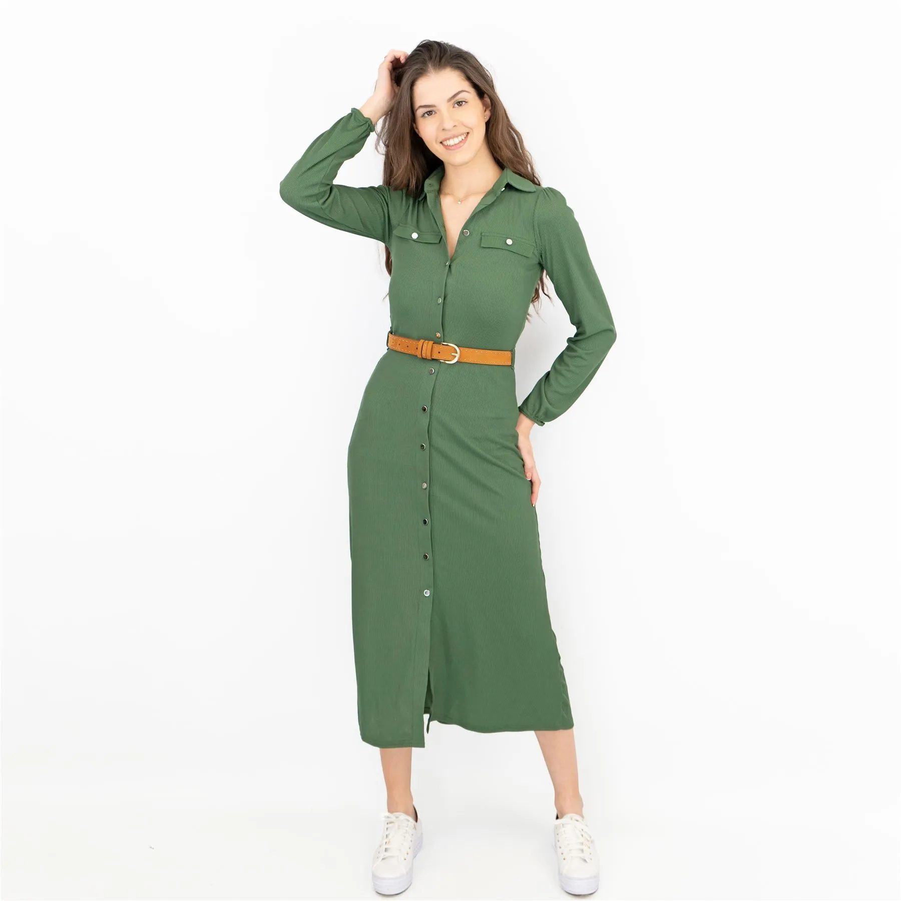 Oasis Ribbed Lightweight Long Sleeve Midi Length Green Shirt Dress