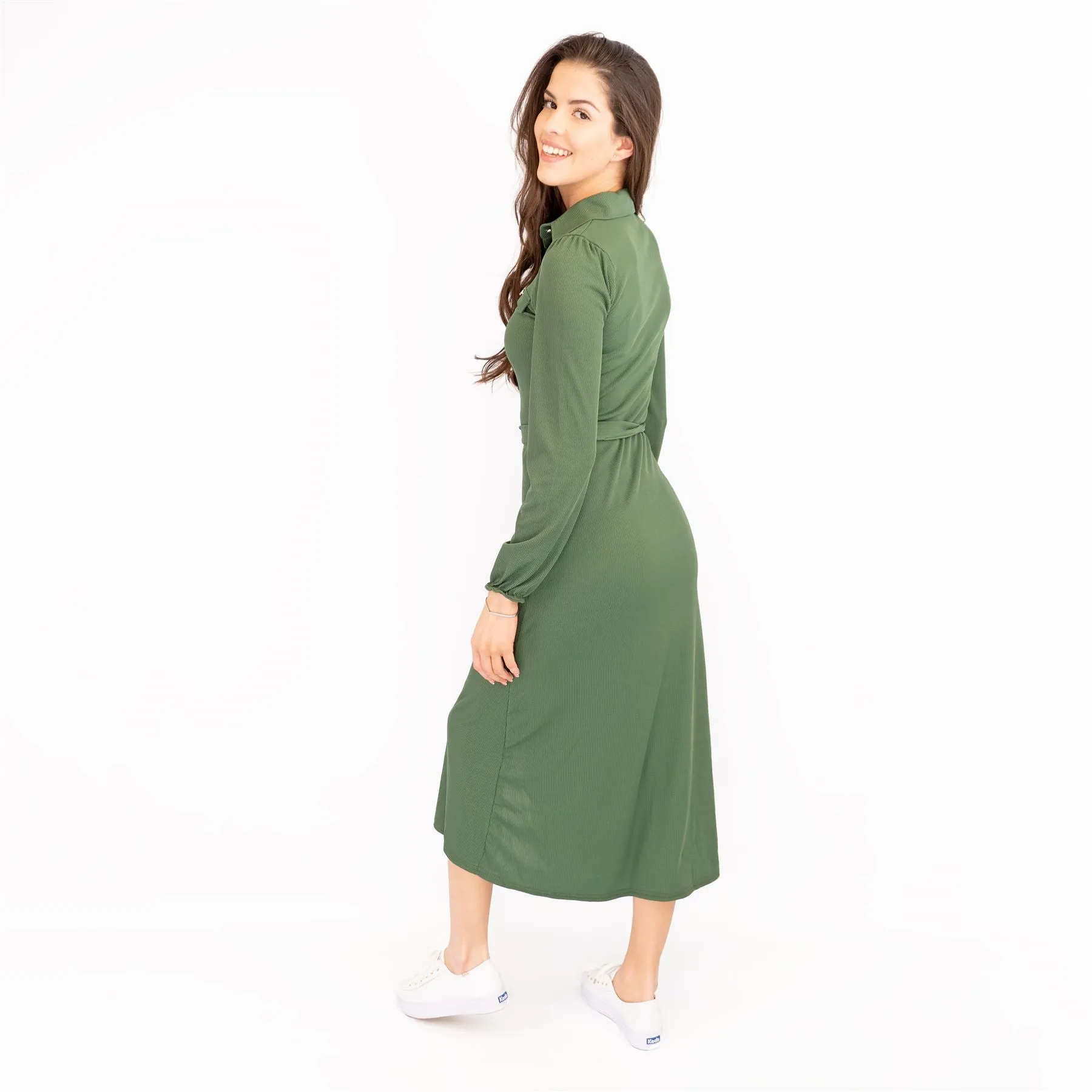 Oasis Ribbed Lightweight Long Sleeve Midi Length Green Shirt Dress