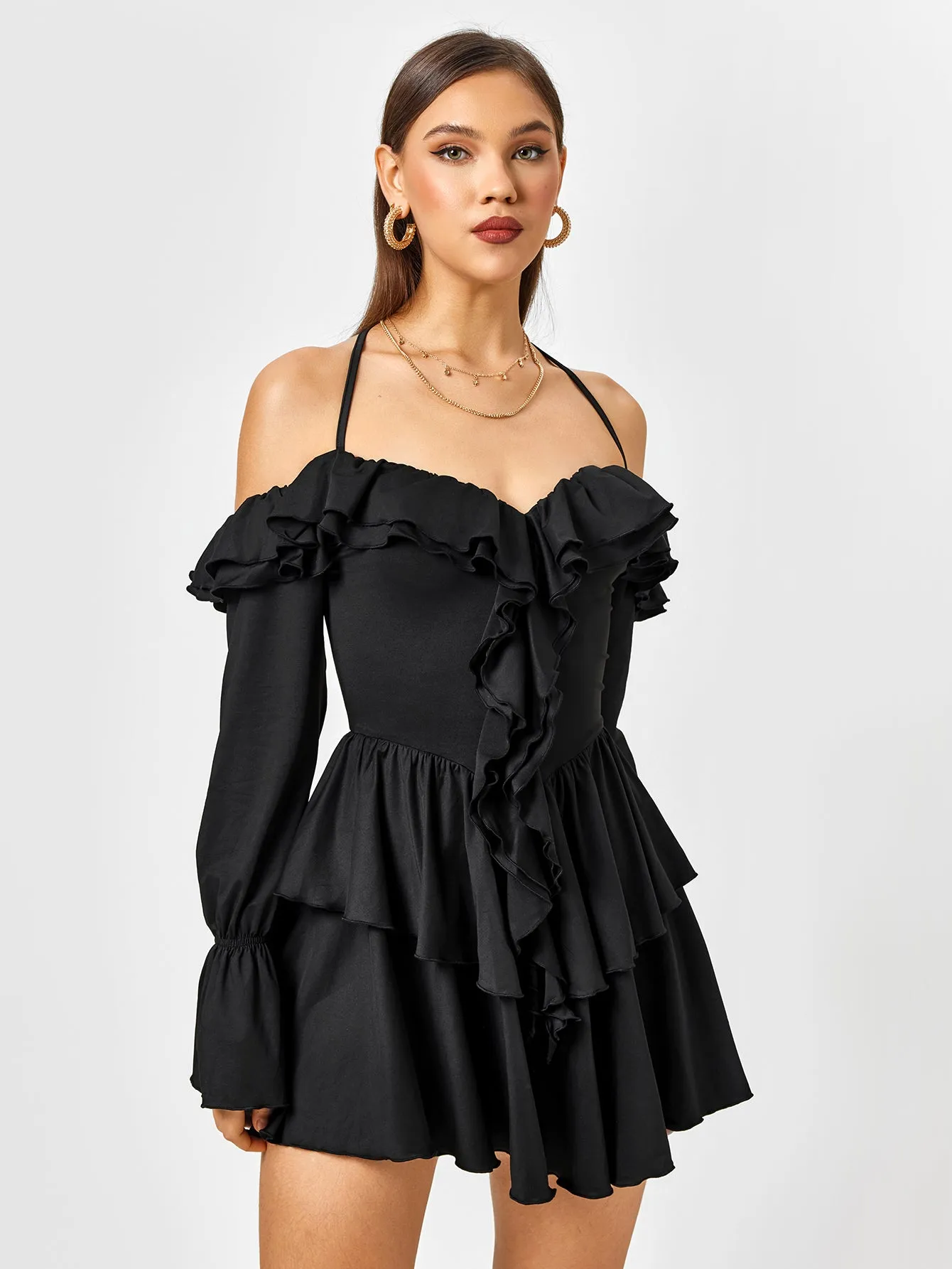 Off Shoulder Halter Ruffle Tiered Dress