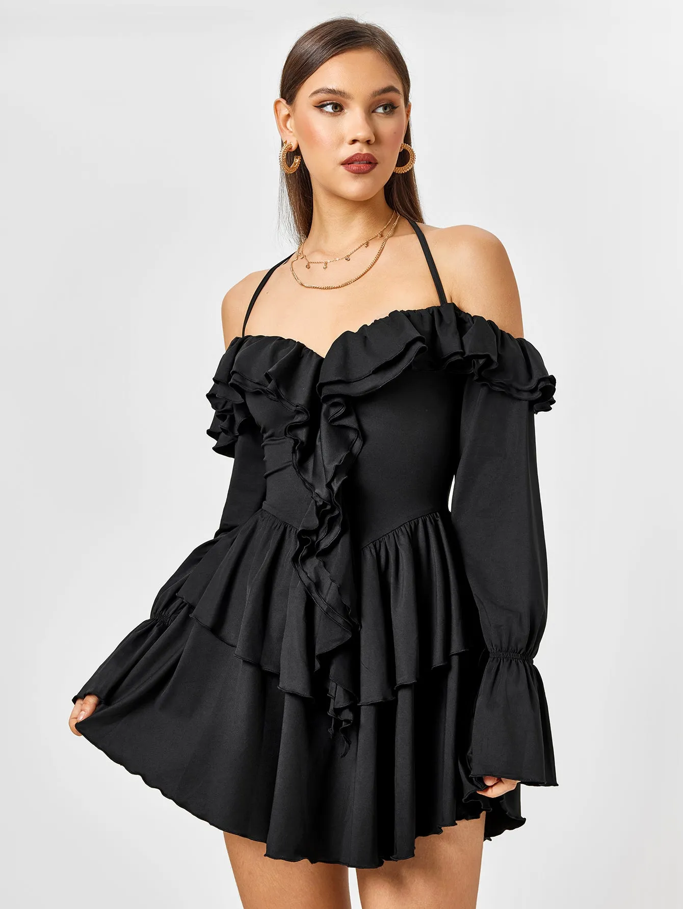 Off Shoulder Halter Ruffle Tiered Dress