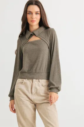 Olive Ribbed Cut-Out Front Collared Neck Long Sleeve Top /2-2-2