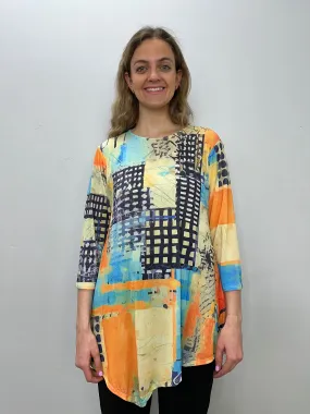 Orange and Yellow Pattern 3/4 Sleeve Crew Neck Slinky Tunic