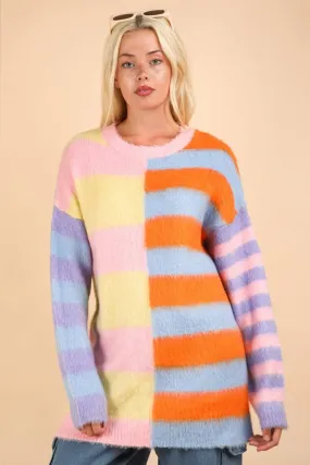 Oversized Striped Fuzzy Knit Sweater Top