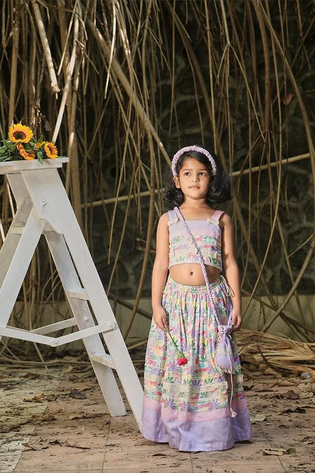 Pink & Lavender Tropical Print Frilled Lehenga with Strappy Blouse and Potli Bag Set for Girls