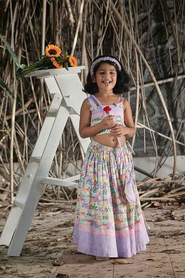 Pink & Lavender Tropical Print Frilled Lehenga with Strappy Blouse and Potli Bag Set for Girls