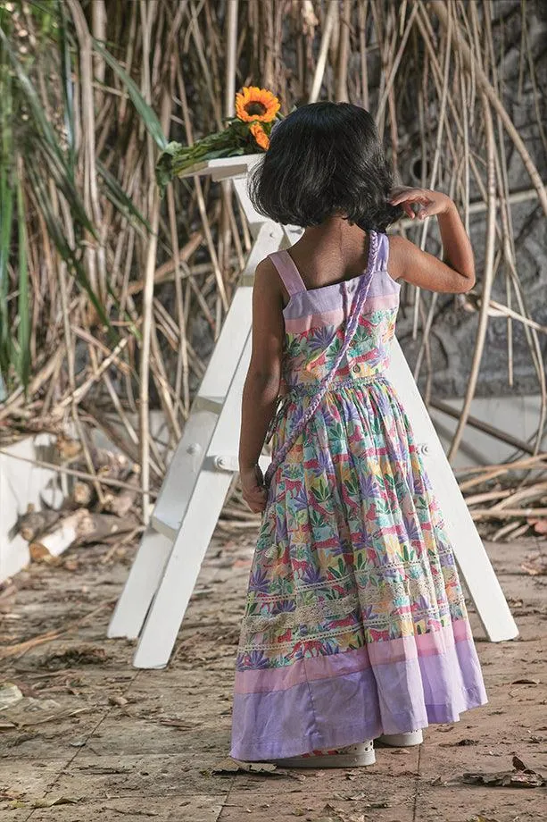 Pink & Lavender Tropical Print Frilled Lehenga with Strappy Blouse and Potli Bag Set for Girls