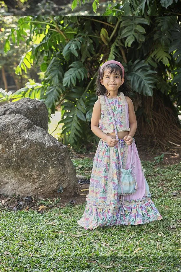 Pink & Mint Green Tropical Print Frilled Lehenga with Strappy Blouse and Potli Bag Set for Girls