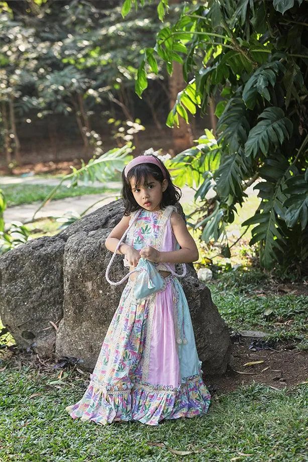 Pink & Mint Green Tropical Print Frilled Lehenga with Strappy Blouse and Potli Bag Set for Girls