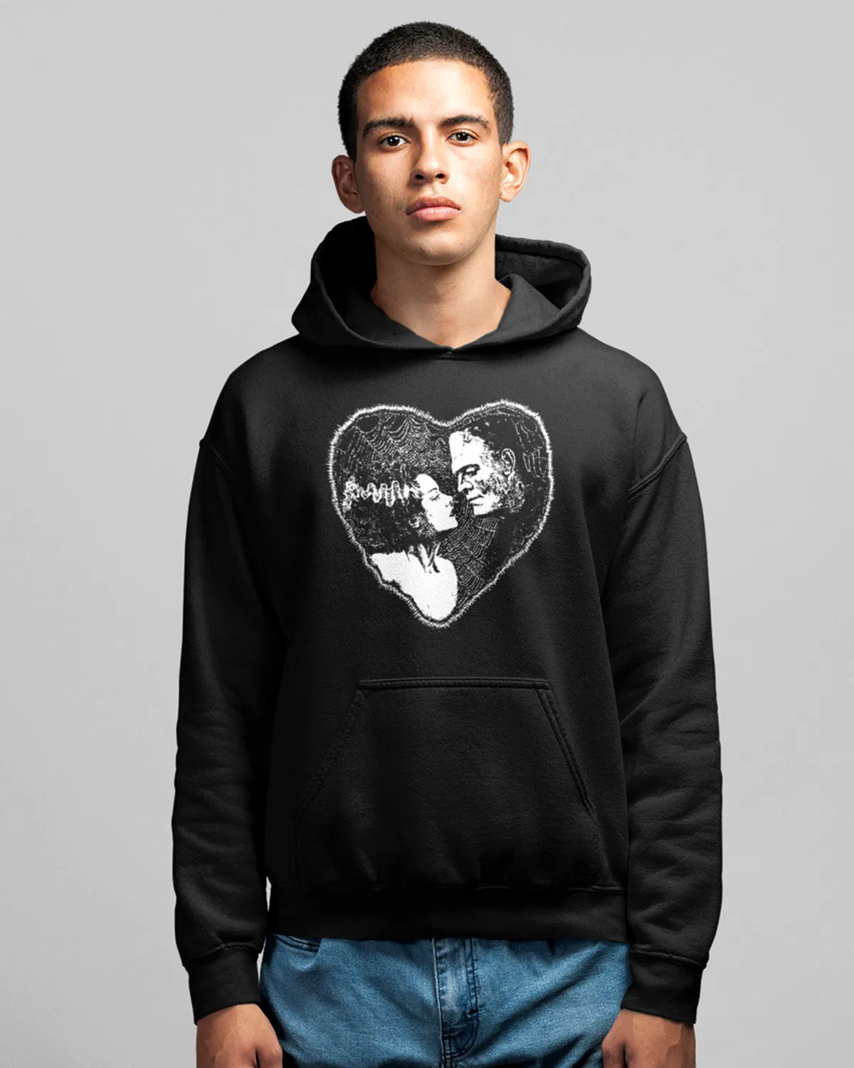 Pins and Bones Frankenstein and Bride Heart Shape Retro Black Unisex Pullover Hoodie Sweater