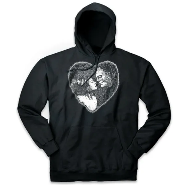 Pins and Bones Frankenstein and Bride Heart Shape Retro Black Unisex Pullover Hoodie Sweater