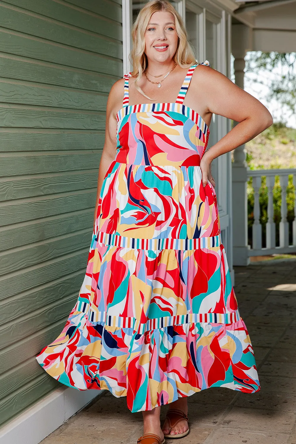 Plus Size Printed Tie Straps Straight Neck Maxi Dress