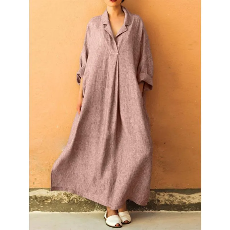 Plus Size V-neck Long Sleeve Solid Color Casual Loose Maxi Dress