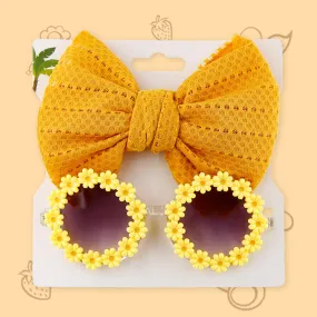 Polka Tots Free Size Bow Headband & Floral Sunglass Set - Orange