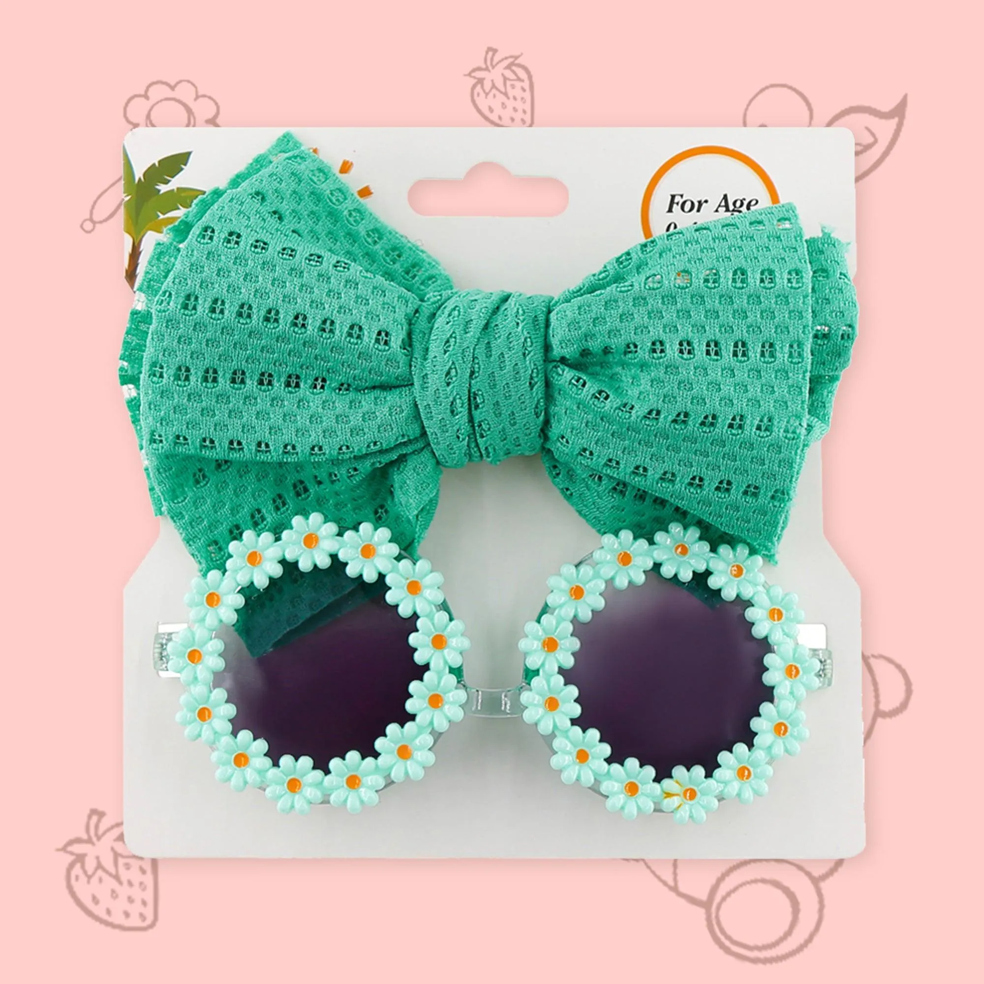 Polka Tots Free Size Bow Headband & Floral Sunglass Set - Sea Green