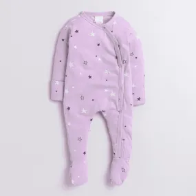 Polka Tots Full Sleeve Star All Over Print Footsie - Purple