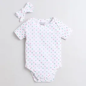 Polka Tots Half Sleeve Romper Onesie 100% Super Soft Cotton With Head Band Multi Color Polka Glitter - White