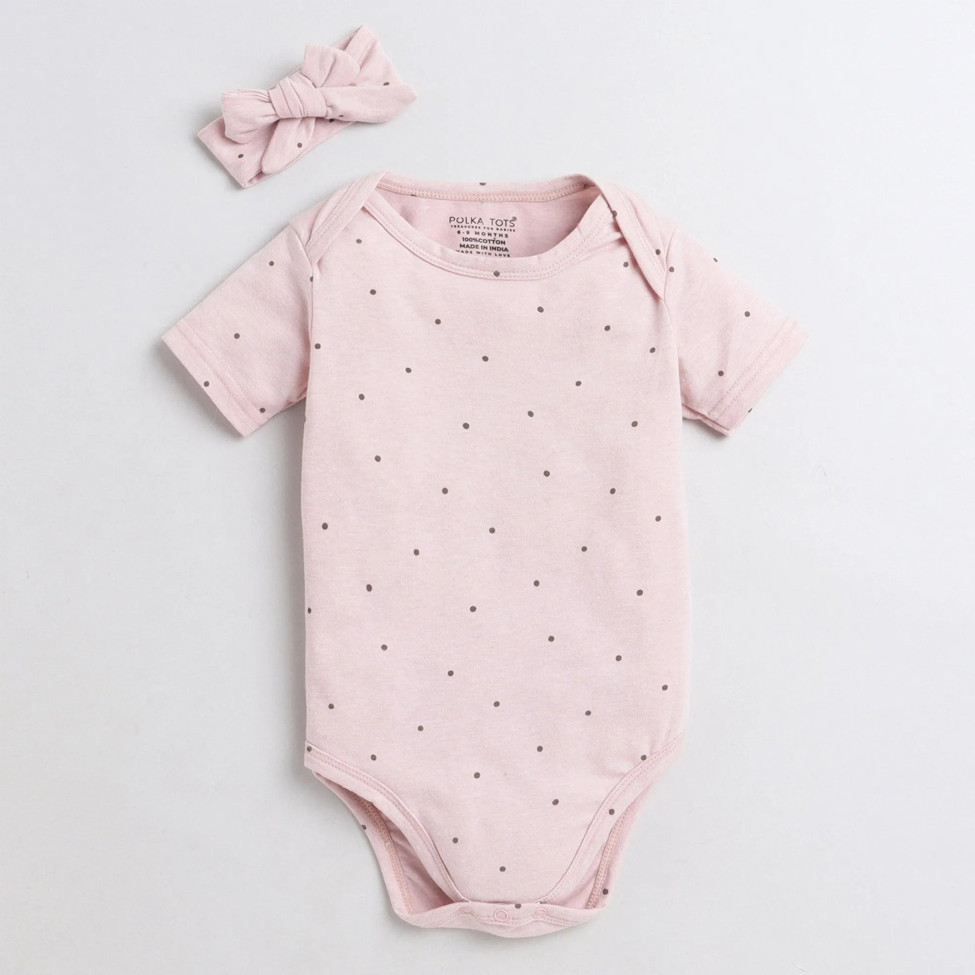 Polka Tots Half Sleeve Romper Onesie 100% Super Soft Cotton With Head Band Polka - Pink