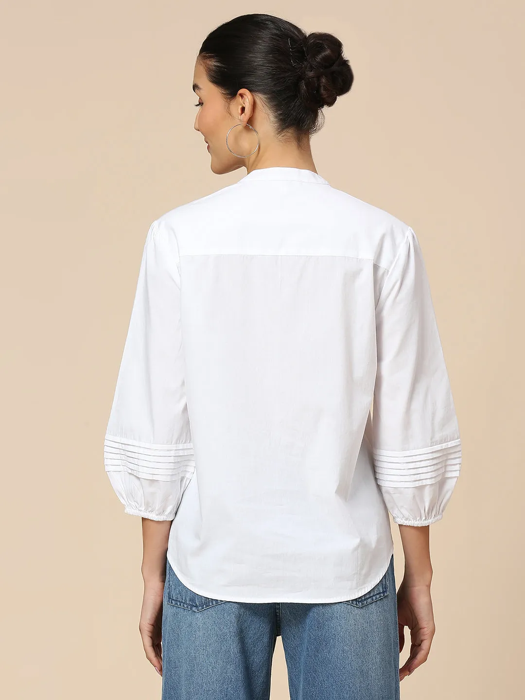 POPLIN BUTTON DOWN EMBROIDERED TUNIC TOP W/ PLEAT DETAILING