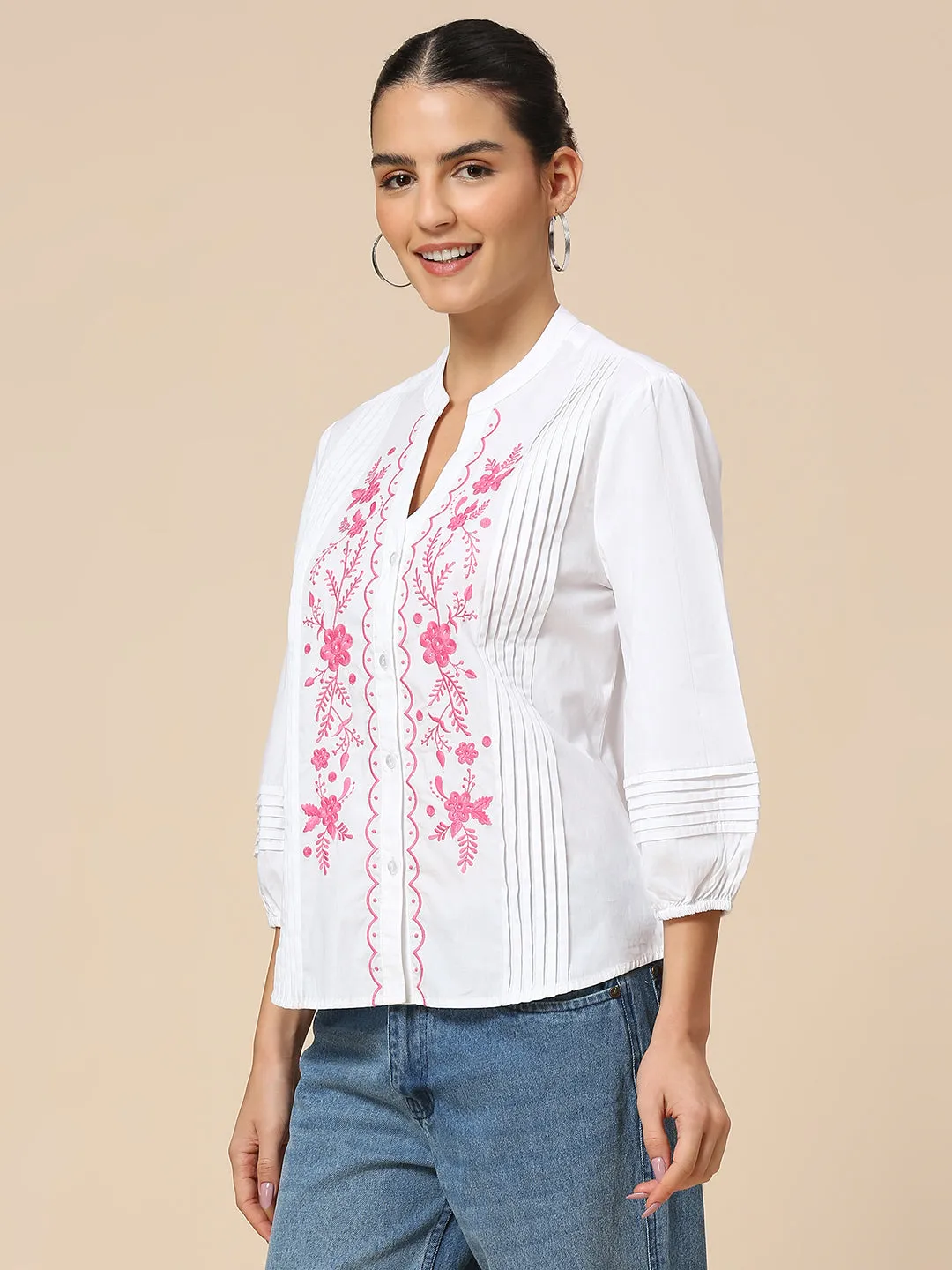 POPLIN BUTTON DOWN EMBROIDERED TUNIC TOP W/ PLEAT DETAILING