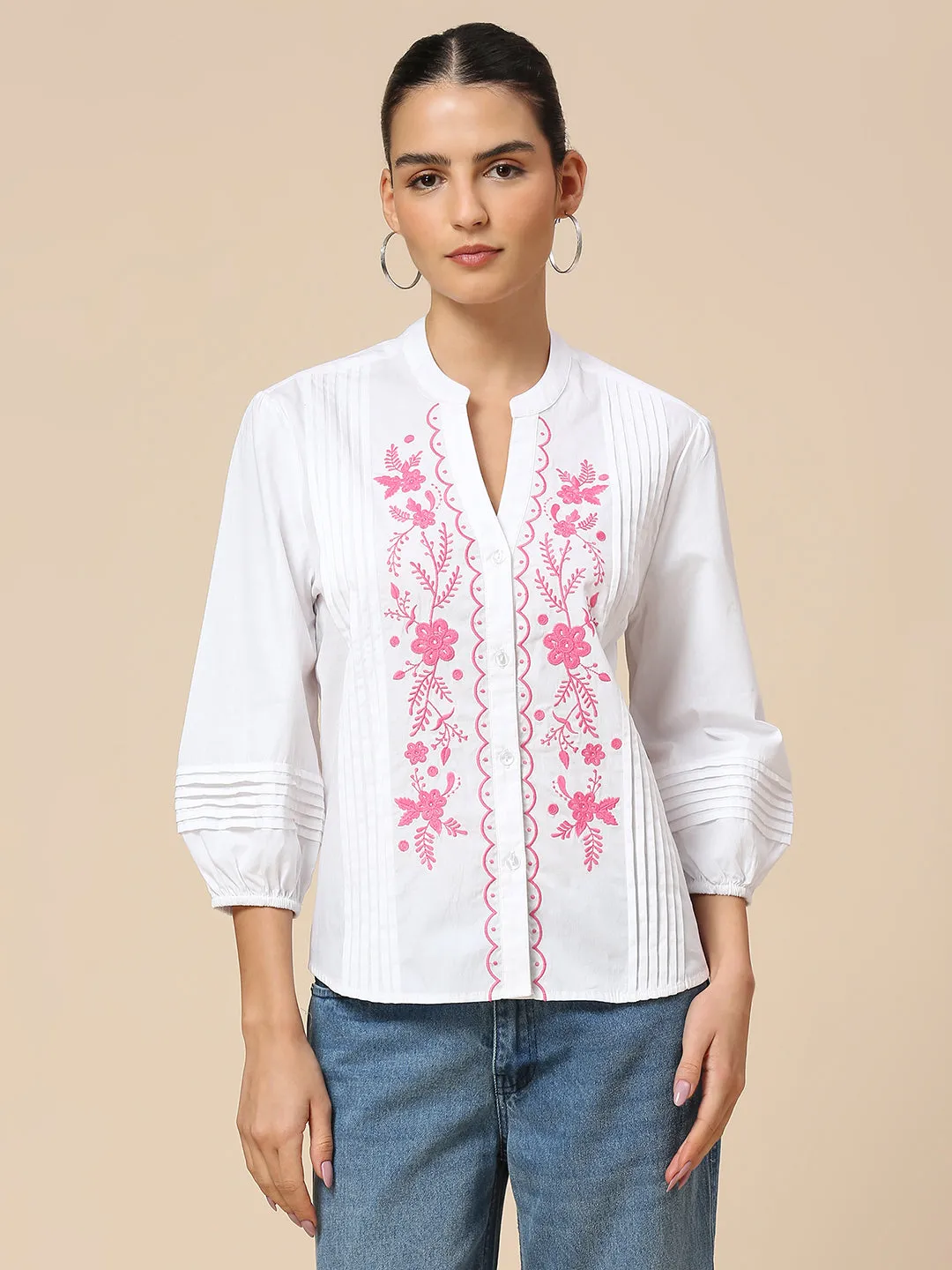 POPLIN BUTTON DOWN EMBROIDERED TUNIC TOP W/ PLEAT DETAILING