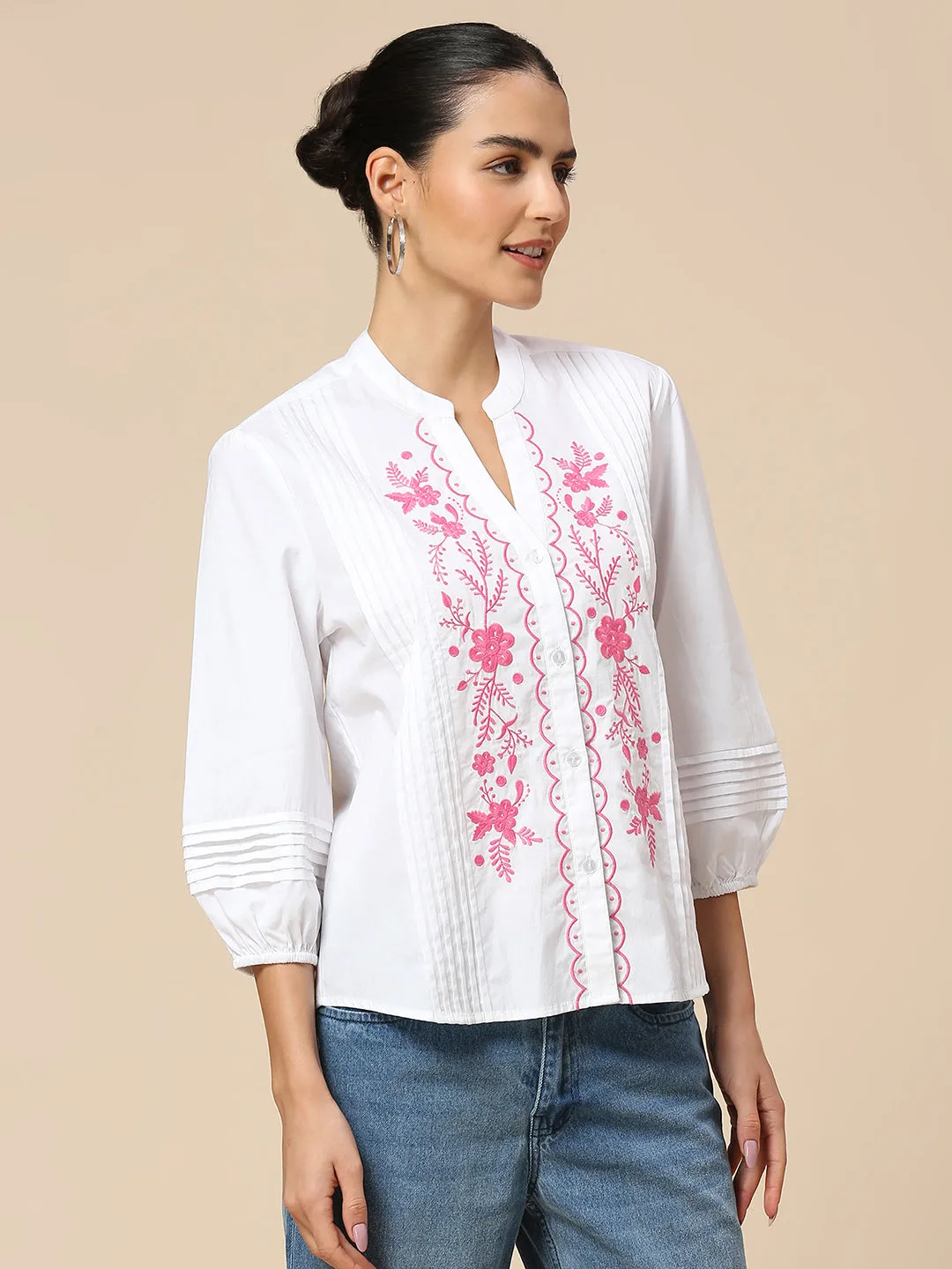 POPLIN BUTTON DOWN EMBROIDERED TUNIC TOP W/ PLEAT DETAILING