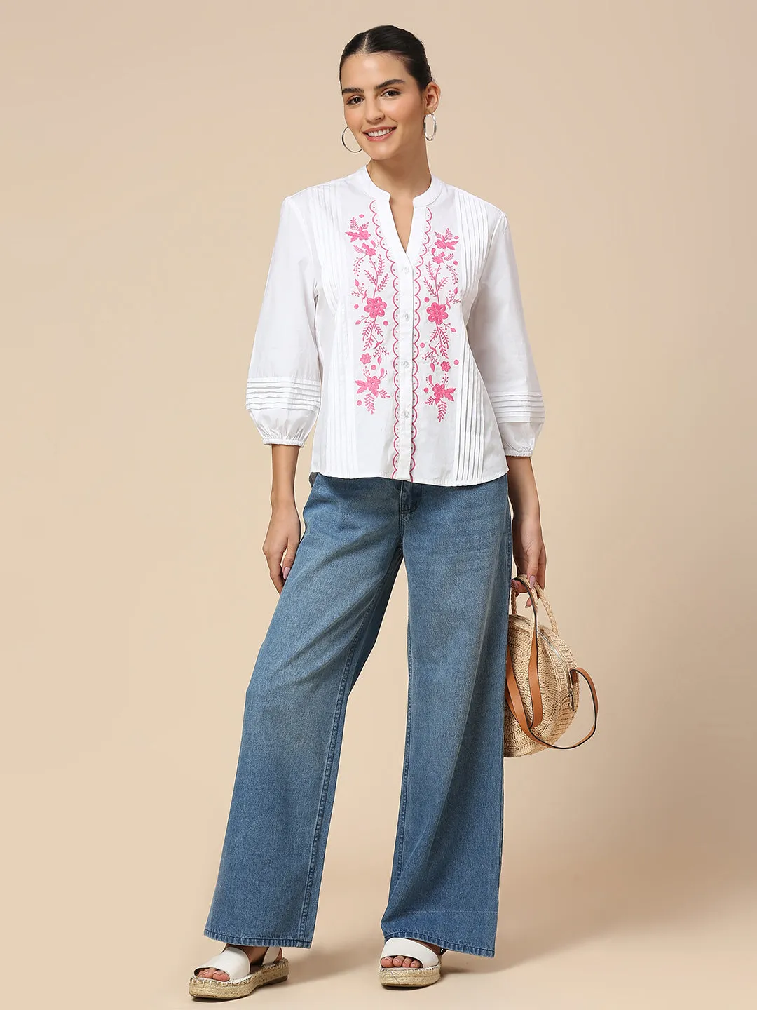 POPLIN BUTTON DOWN EMBROIDERED TUNIC TOP W/ PLEAT DETAILING