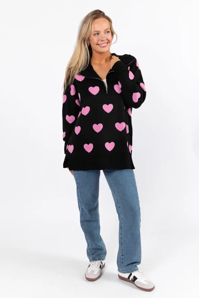 Pulling Heartstrings Black and Pink Heart Print Quarter Zip Pullover - Coming Soon