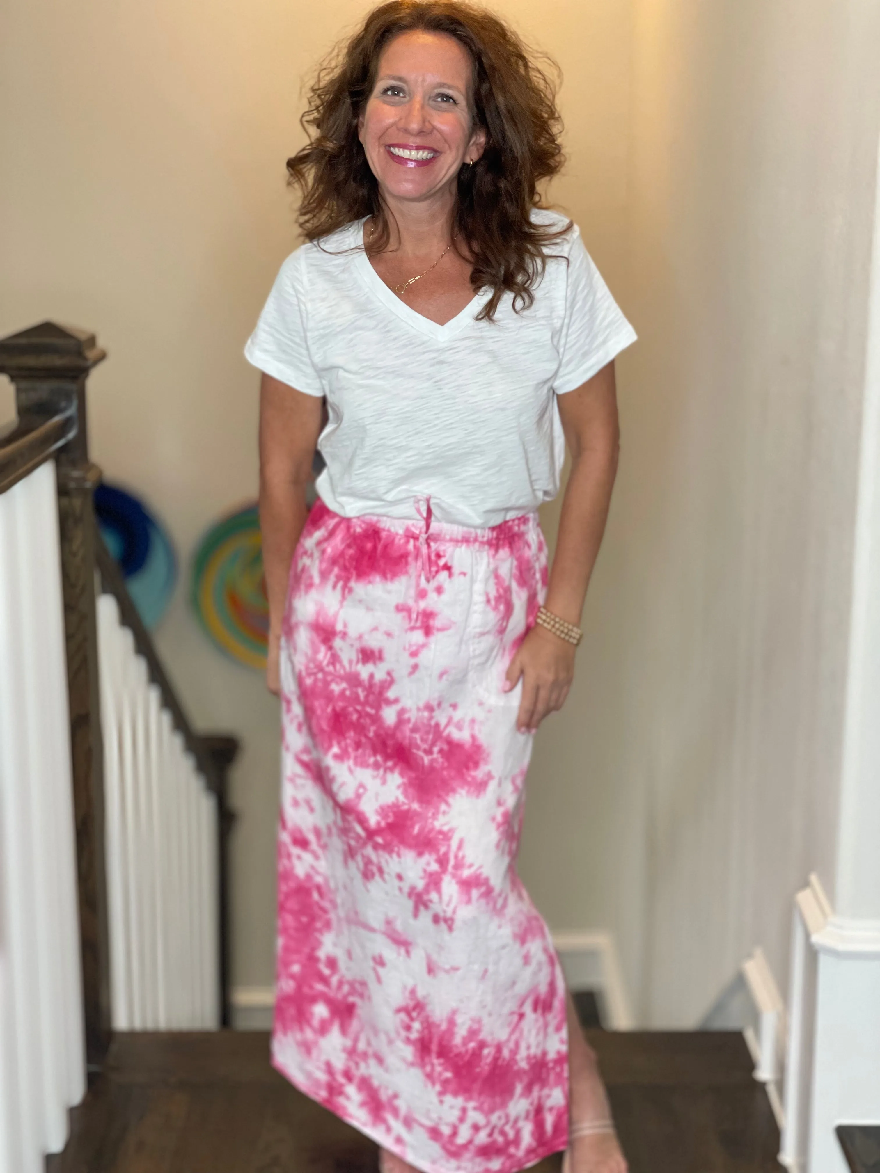 Pure Amici Long Linen Skirt in Petal Tie Dye