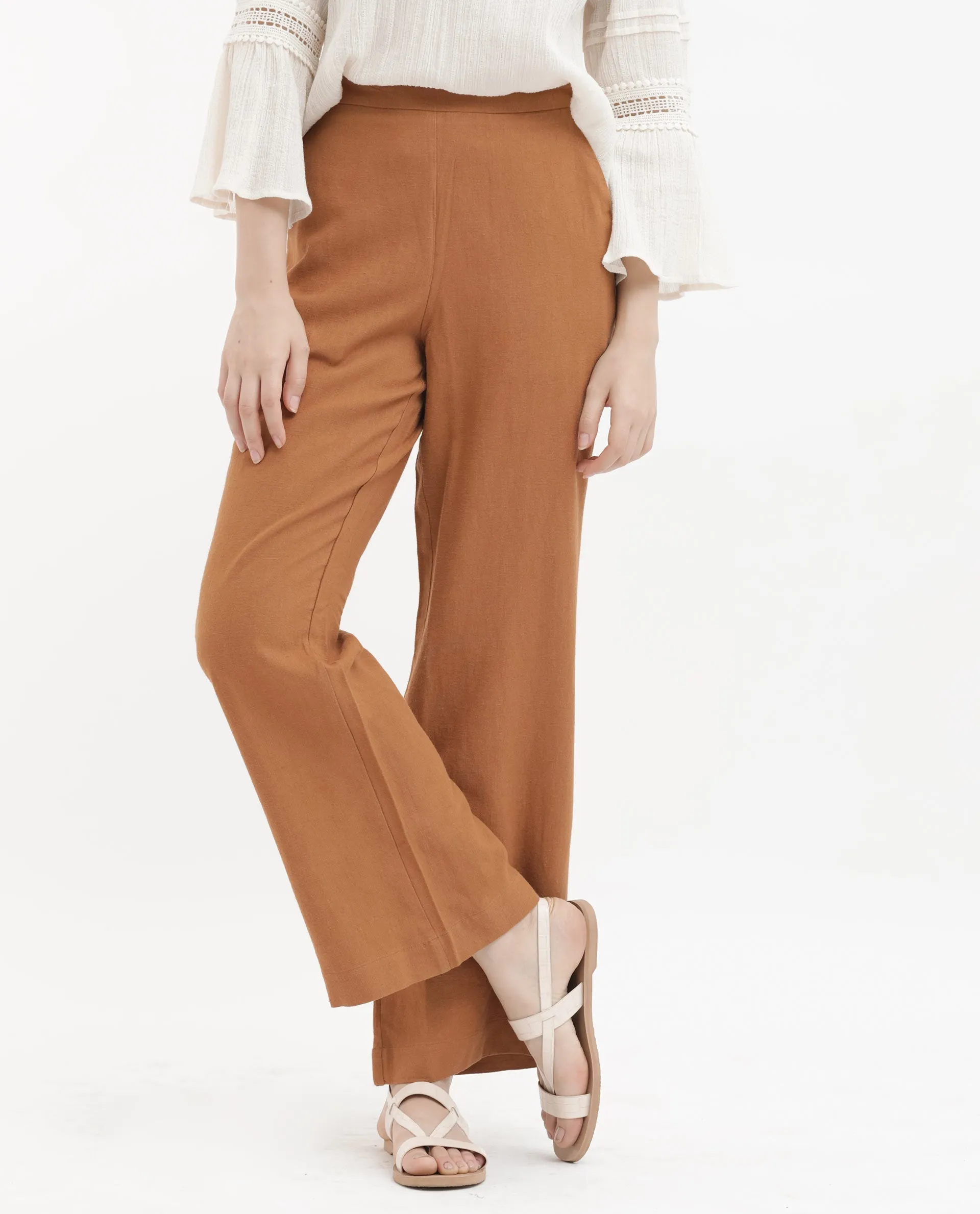 Rareism Women Rica Pastel Orange Cotton Linen Fabric Regular Length Trouser