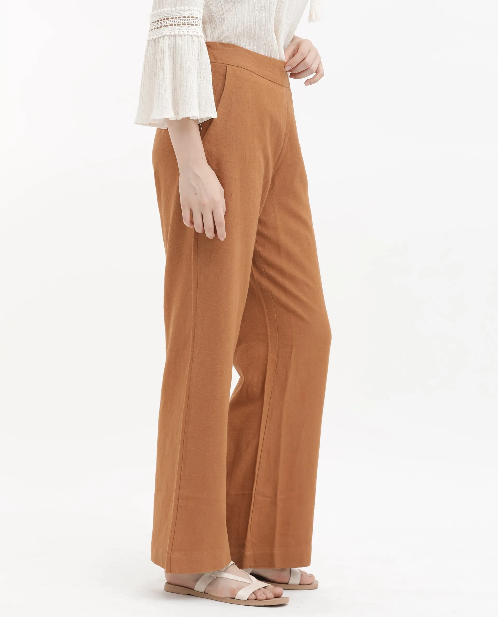 Rareism Women Rica Pastel Orange Cotton Linen Fabric Regular Length Trouser