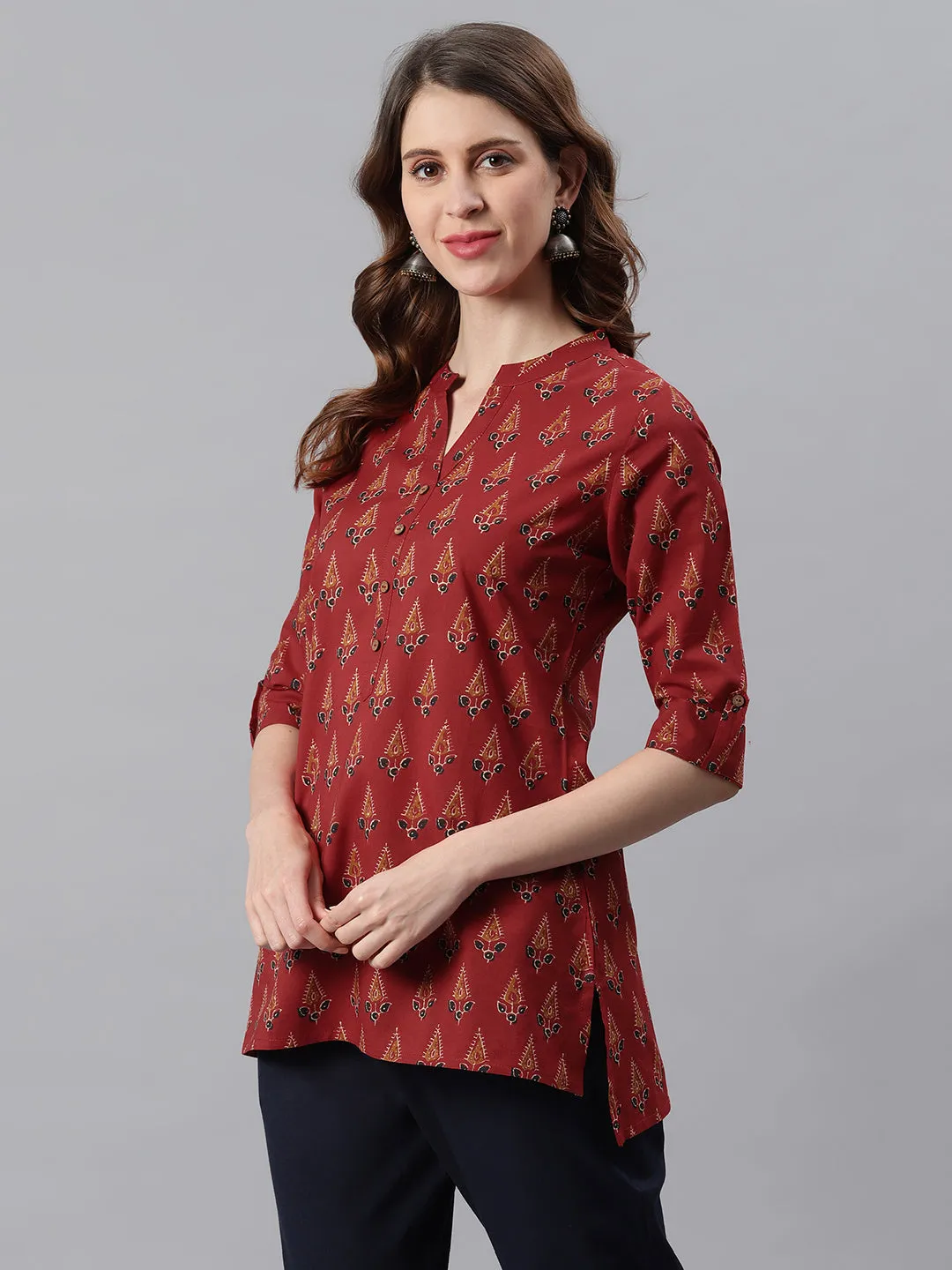 Red Cotton Ethnic Motifs Straight Tunic  - By Janasya