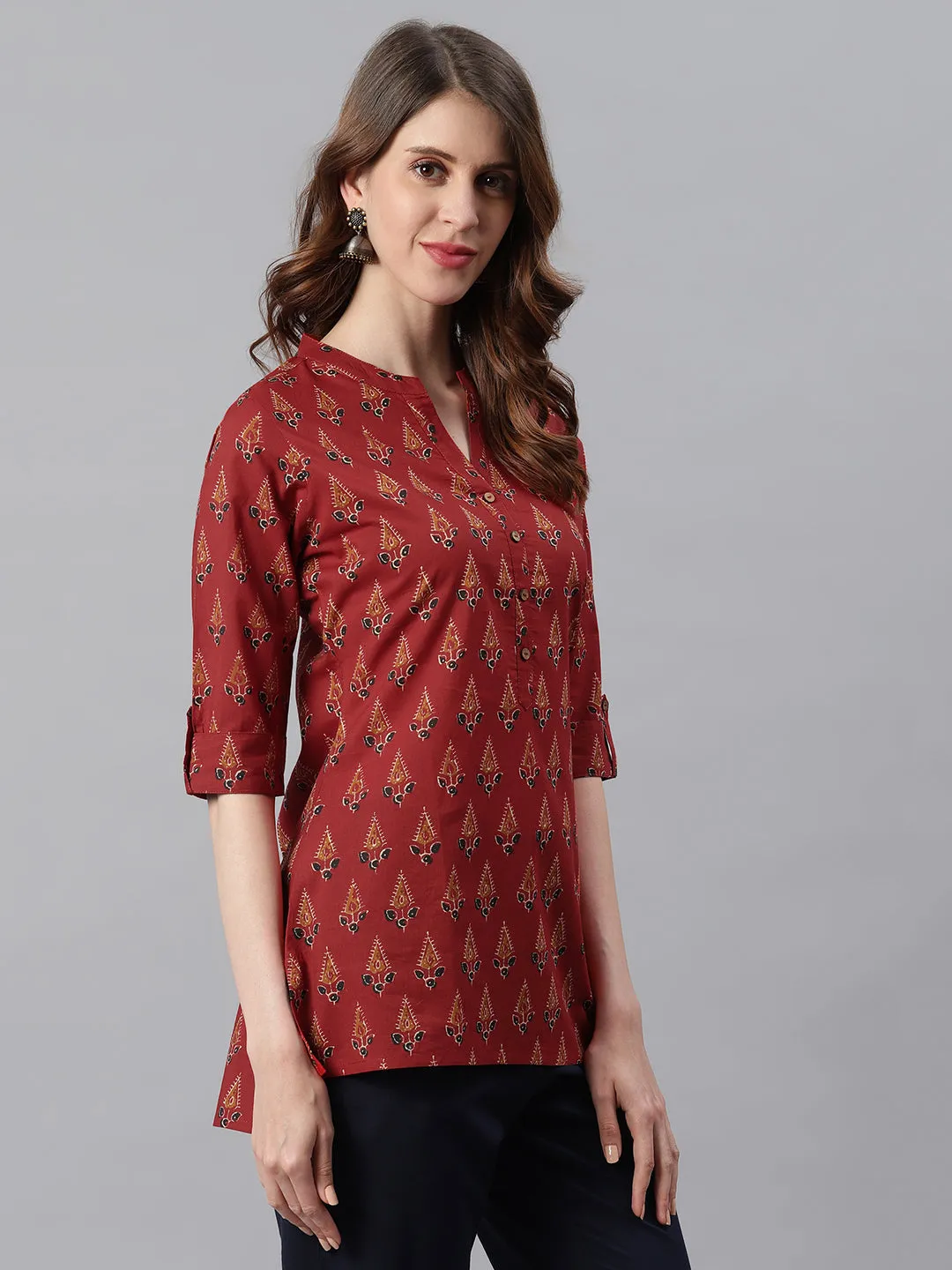 Red Cotton Ethnic Motifs Straight Tunic  - By Janasya