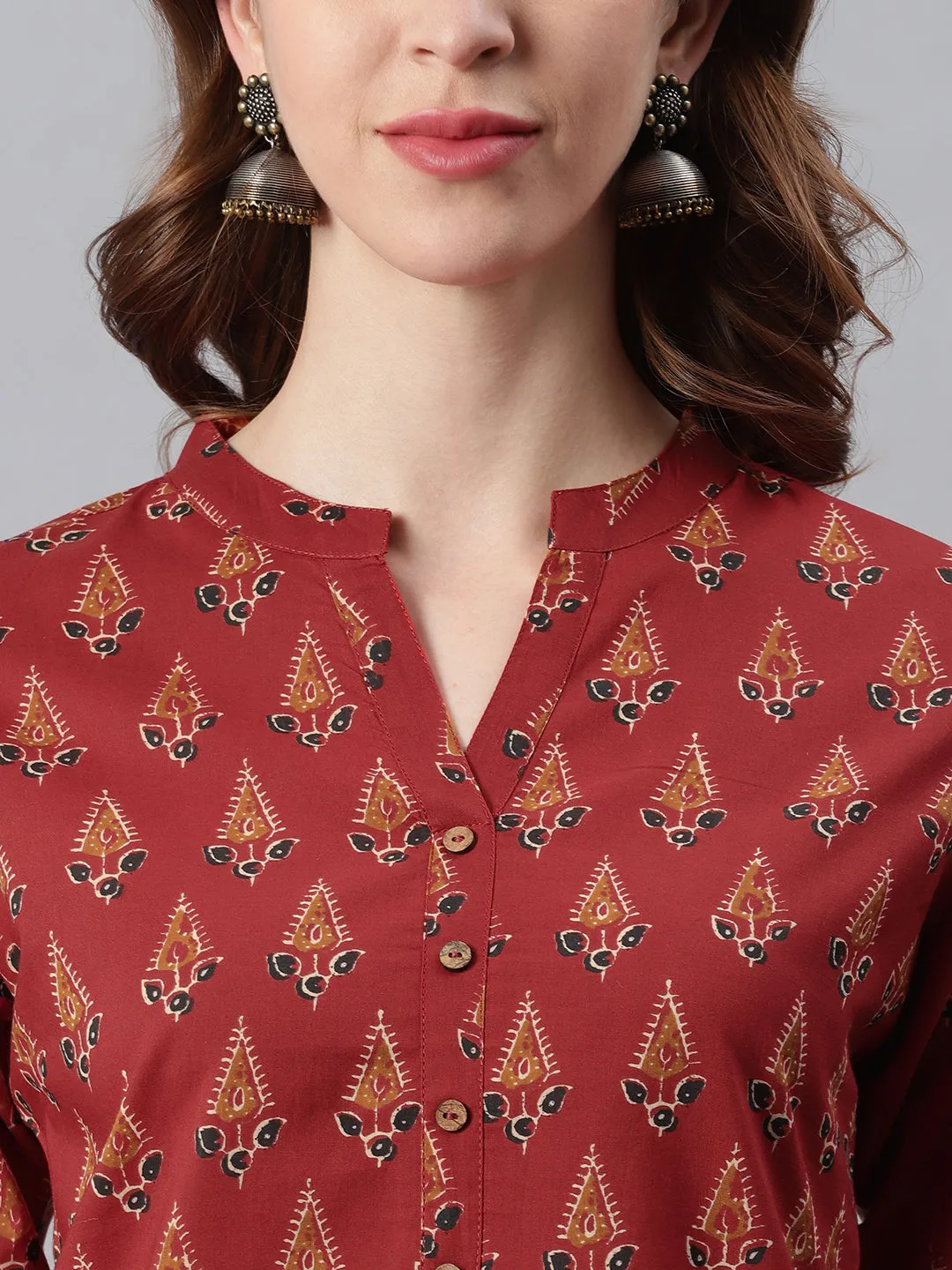 Red Cotton Ethnic Motifs Straight Tunic  - By Janasya