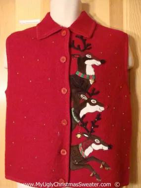 Red Festive Christmas Sweater Vest with Leaping Reindeer