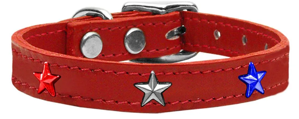 Red, White And Blue Star Widget Genuine Leather Dog Collar Red 18