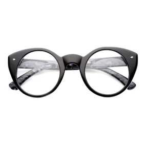 Retro Animal Print Round Cat Eye Clear Lens Glasses