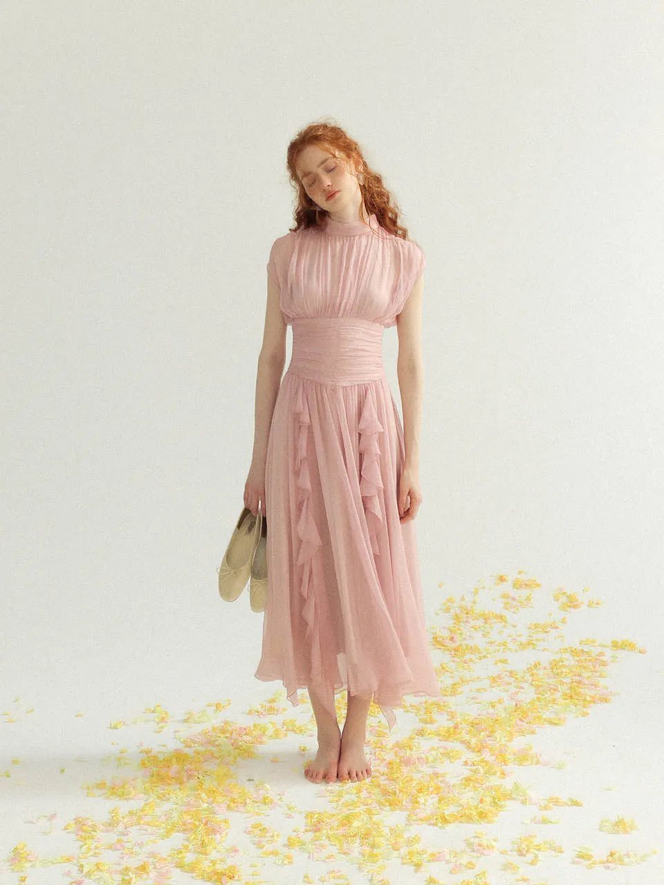 Rosy pink shirring long dress