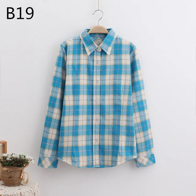 S-5XL Large Size Spring Autumn Blouse Casual Big Size Shirt Cotton Top Lapel Plaid Shirt Outwear Plus Size Women Clothing Blusas